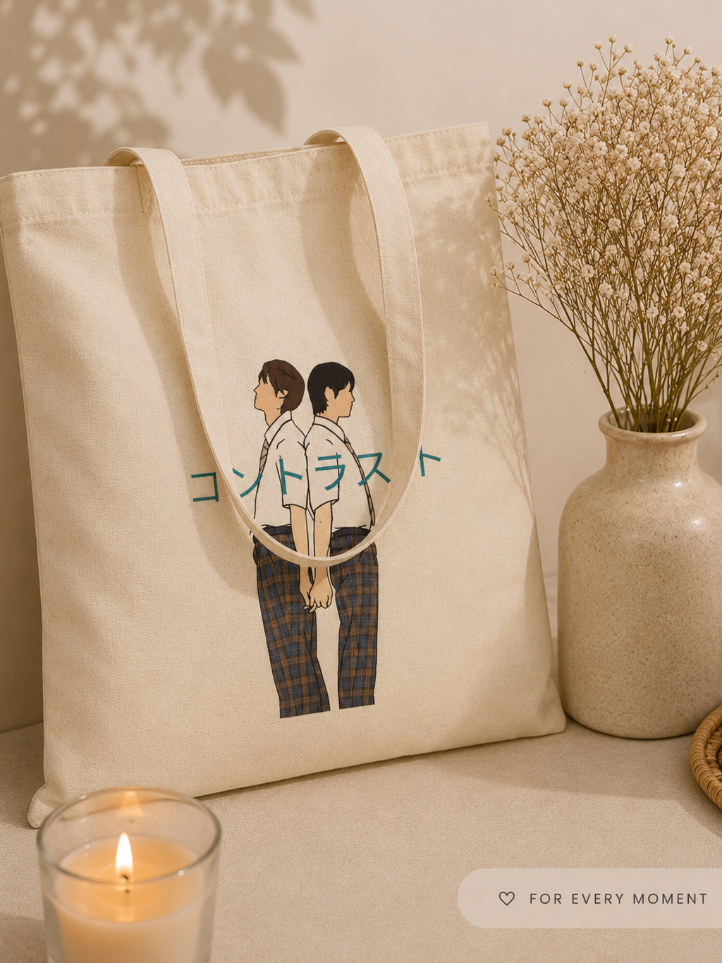 Contrast コントラストBL Drama Line Art Tote Bag | Luchi Haruhi & Akune Haruse Japanese BL Aesthetic